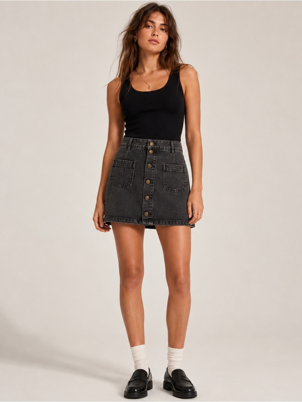 Topshop Moto Charcoal / Black Button Front Denim Mini Skirt 100% Cotton W32